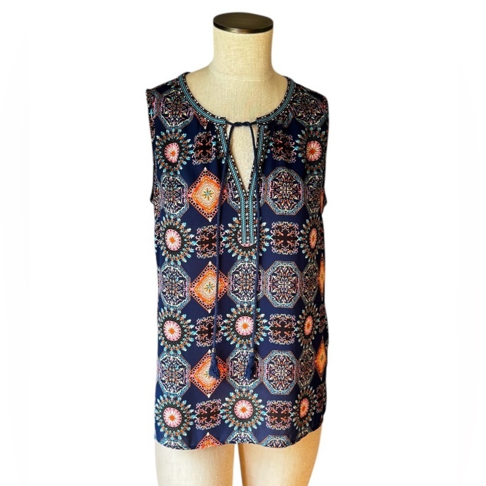 DR2 Navy Lightweight Long Mosaic Print Top With Front Tie Detail Size S